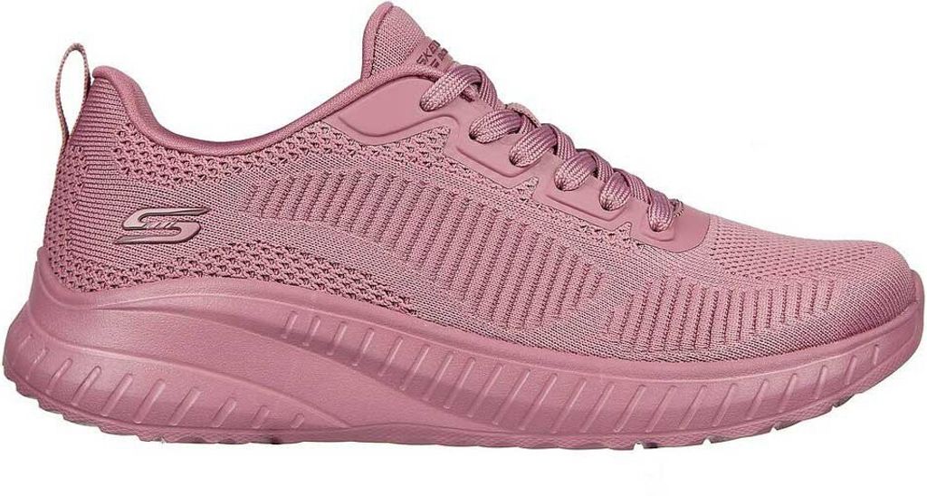 A side view of a pink Skechers Bobs Squad Chaos-Face Off sneaker against a white background.
