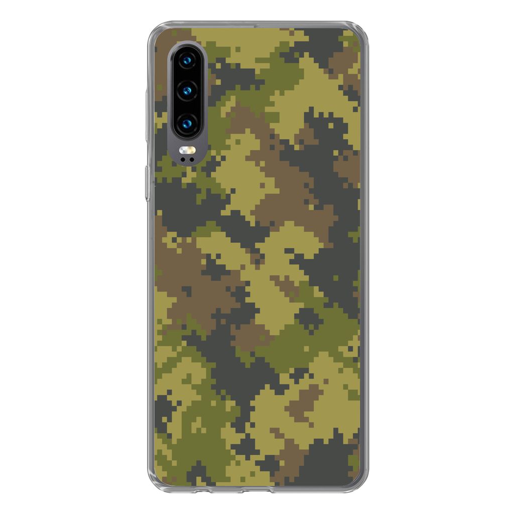 MuchoWow Handyhülle Schutzhülle Hülle für Huawei P30 Illustriertes Tarnmuster von Pixeln Silikon Softcase Handy Hülle - Kartenbesitzer