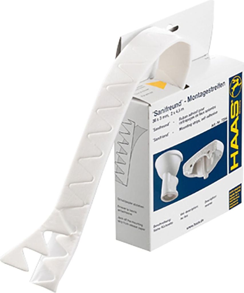 A roll of white mounting tape is shown emerging from a cardboard box.