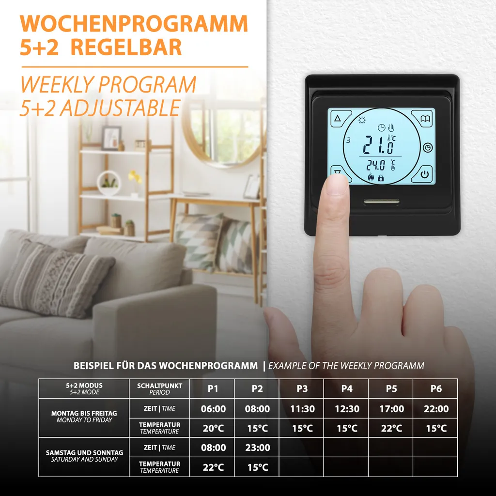 Thermostat programmable noir E91 avec écran LCD et capteur de précision - 6