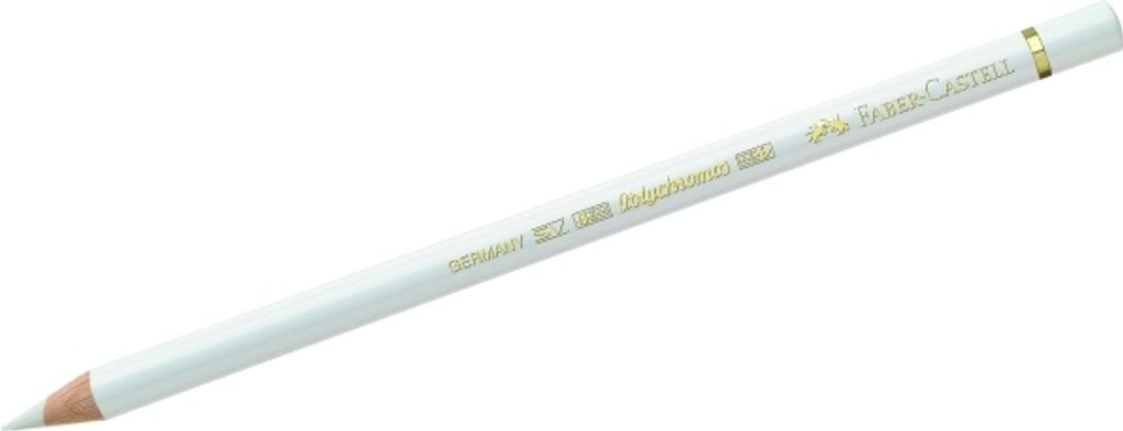 A white colored pencil with gold lettering on a white background.