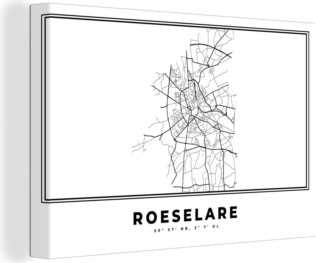 OneMillionCanvasses - Leinwandbilder - 150x100 cm, Karte - Stadtplan - Roeselare - Belgien - Schwarz und weiß, Wandbilder Kunstdruck Wanddekorat...