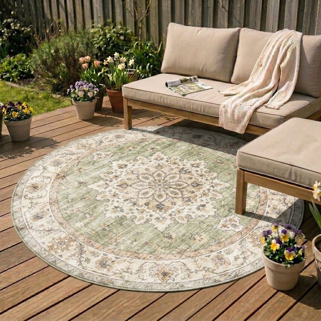 Volero - Vintage Gartenteppich Rund - Santo Medaillon Grün - Ø 230 cm - Balkon, Garten / Terrasse - Orientalisch