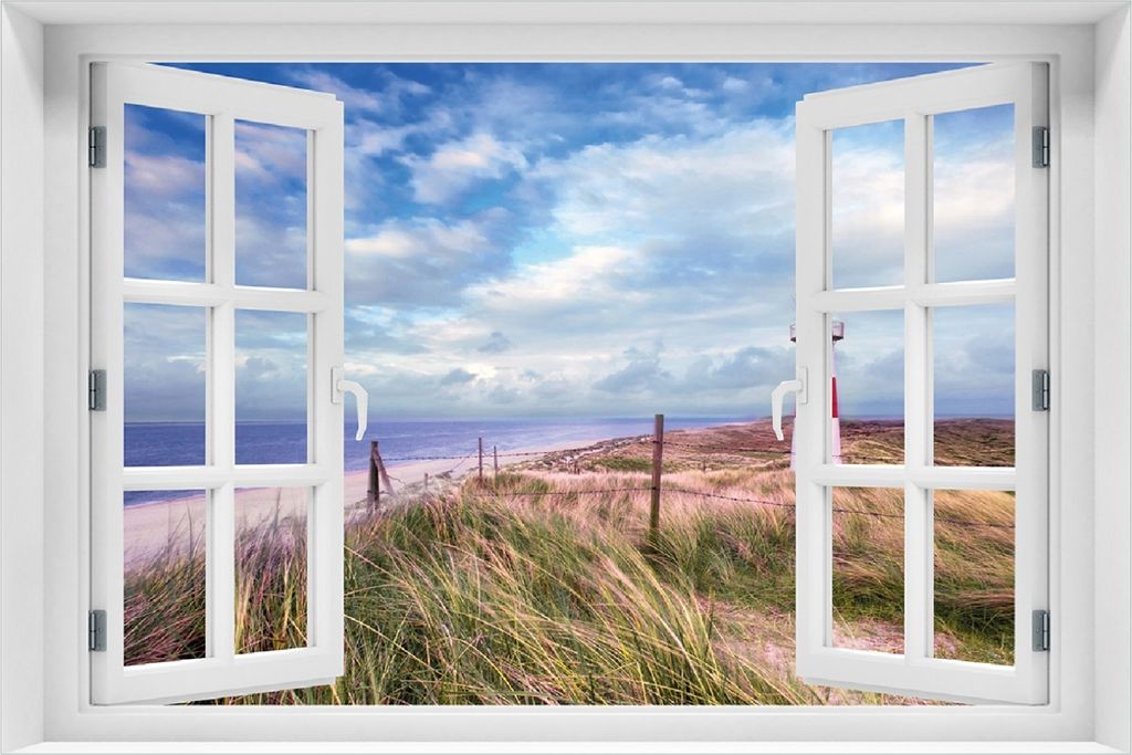 Wallario selbstklebendes Poster mit Fenster-Illusion - Leuchtturm am Strand von Sylt, Größe: 100 x 150 cm