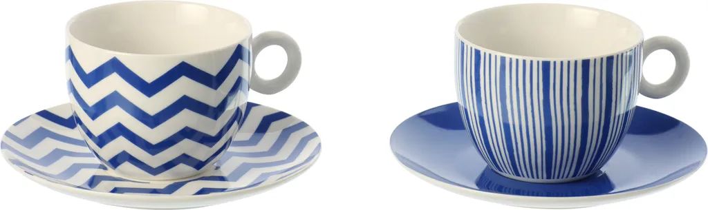 J-Line Coffret de 2 Grandes Tasses et Soucoupes Porcelaine Rayée Bleu