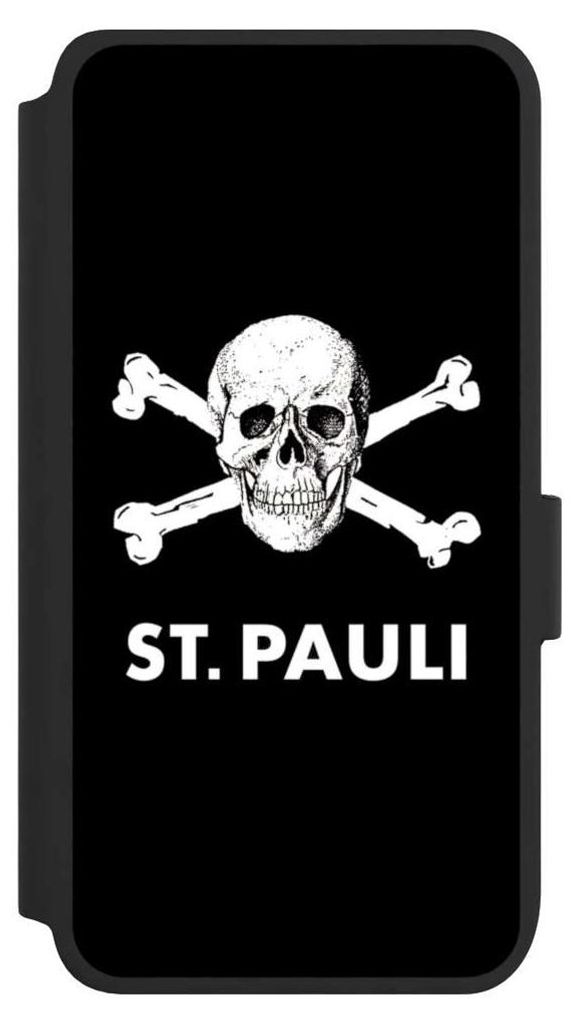 NIVOCASE Klapphülle für Samsung Galaxy S25 Handyhülle aus Kunst Leder NIVOflip schwarz FC St. Pauli Offizielles Lizenzprodukt Totenkopf