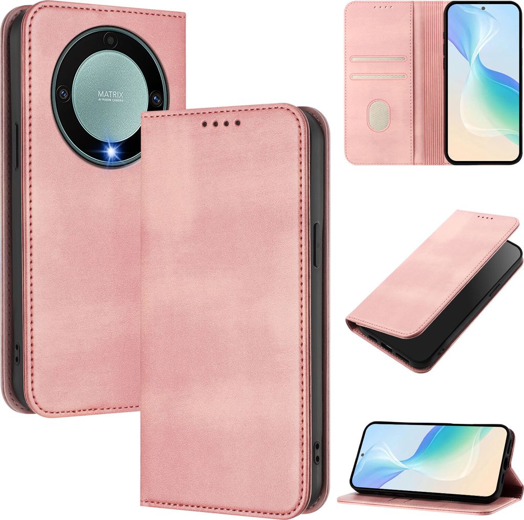 Handyhülle für Honor X9A / Magic5 Lite, Vintage Leder RFID Schutz Kartenfach Standfunktion Magnetische Klapphülle Pink