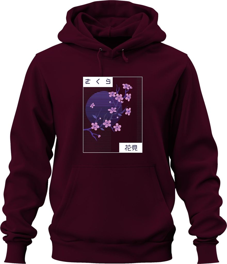 Kirschblüten Sakura さくら 花見 Hanami Japan Retro Vaporwave Nacht Uni Hoodie Kapuzenpullover, Burgundy, S
