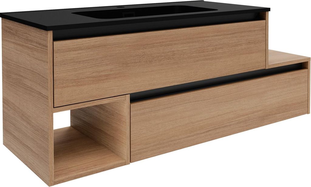 FACKELMANN VITA Waschbecken mit Unterschrank 129 cm, Braun hell, Gussmarmor Schwarz matt, Ablage rechts, asymmetrisch - modern und funktional