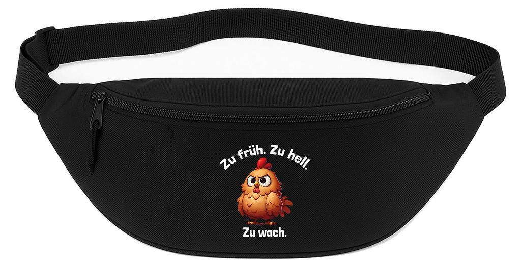 Huuraa Bauchtasche Zu früh. Zu hell. Zu wach. grimmiges Huhn 2,5 Liter Black Polyester Crossbody Bag Geschenkidee