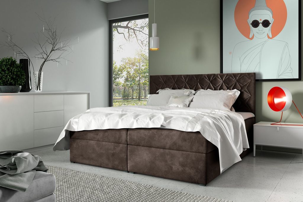 Boxspring Bett mit gestepptem Kopfteil EUGENA – 200x200, braun 1 + ER Topper