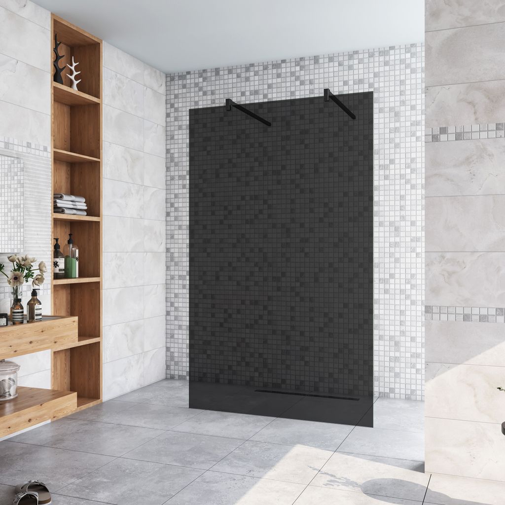 87.7x200cm+ mit 2 90cm Schwarz Stabilisator 10mm Nano Sicherheitsglas Walk in Rauchglas Duschwand Duschabtrennung
