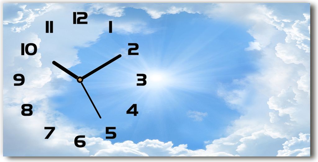 Wanduhr aus Glas – 60x30 cm - Glasbild - Glasuhr - Gehärtetes Glas - schwarze-zeiger - Wolken im Himmel