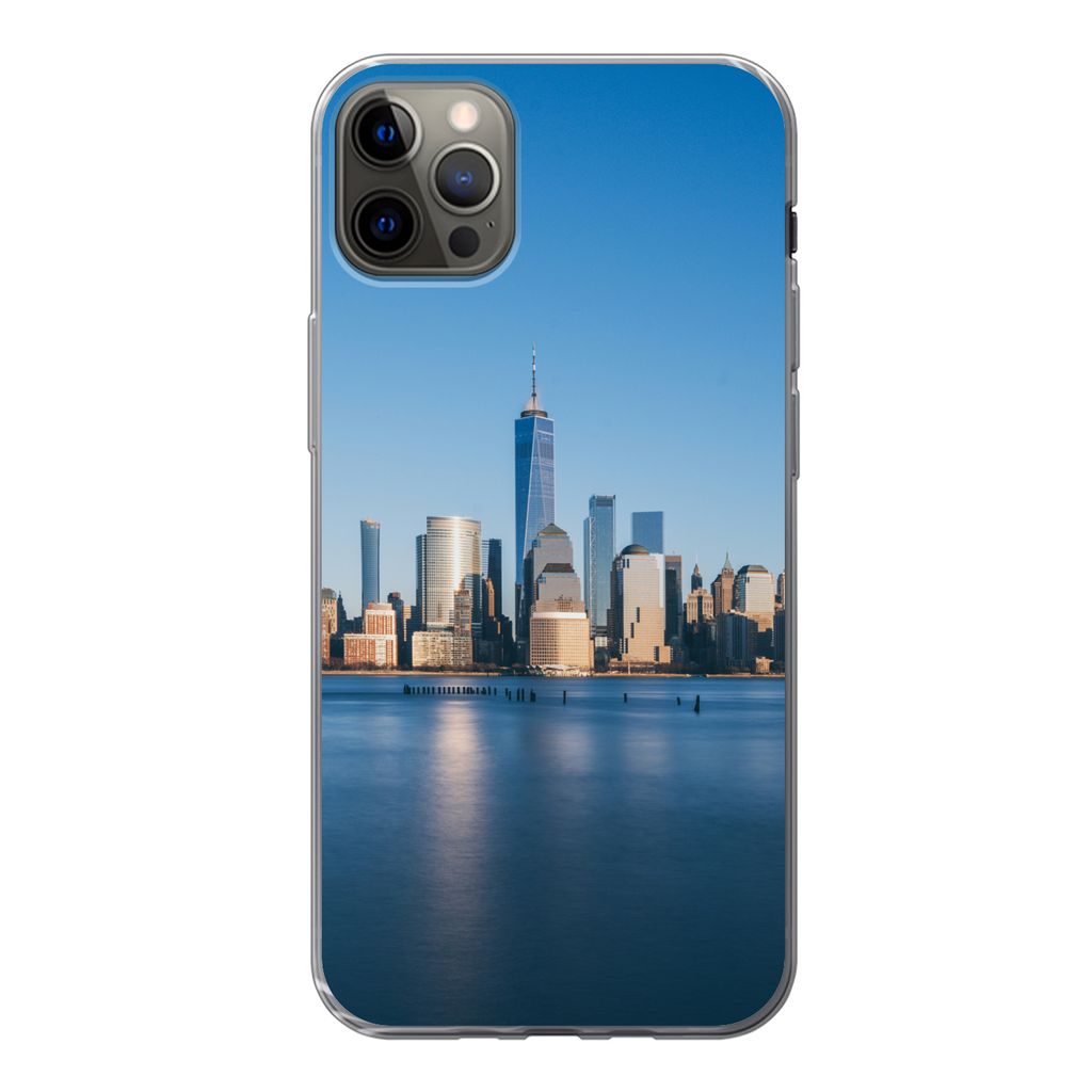 MuchoWow Handyhülle Schutzhülle Hülle für iPhone 12 Pro Max New York - Skyline - Blau Silikon Softcase Handy Hülle - Hartschale
