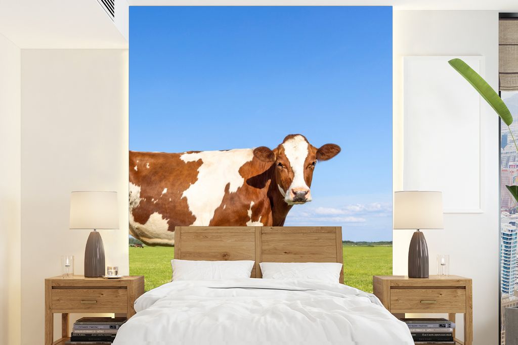 MuchoWow Fototapete für Wohnzimmer oder Schlafzimmer Wandtapete Vinyl Motivtapete Kühe - Bauernhof - Gras - Natur - Tiere - 160x220 cm - Bildsc...
