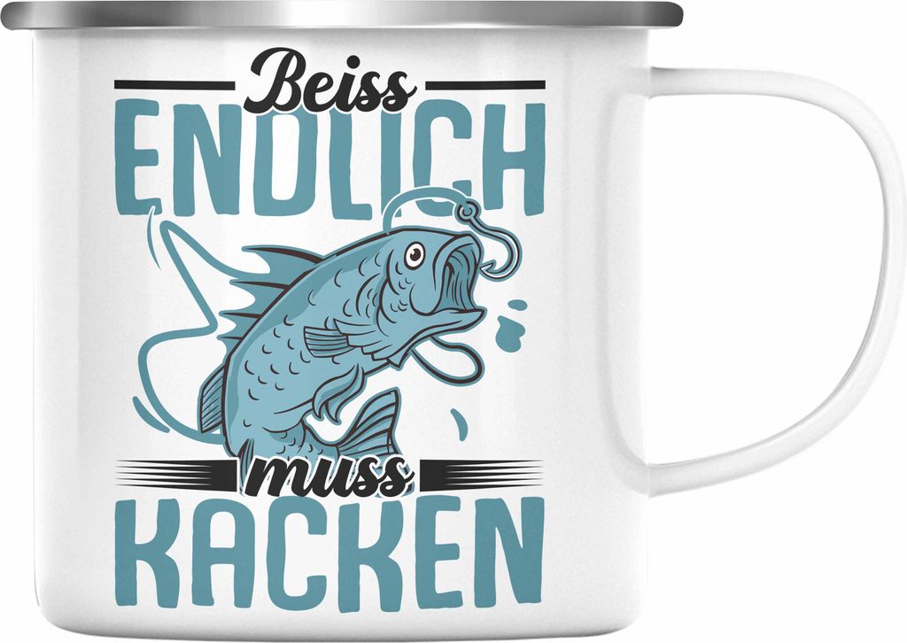 Trendation - Angler Fischer Emaille Tasse Geschenk Raubfische Hobbyangler Hecht Forelle Barsch Angeln Emaille Emaille Tasse Zubehör Beiss Endlich ...