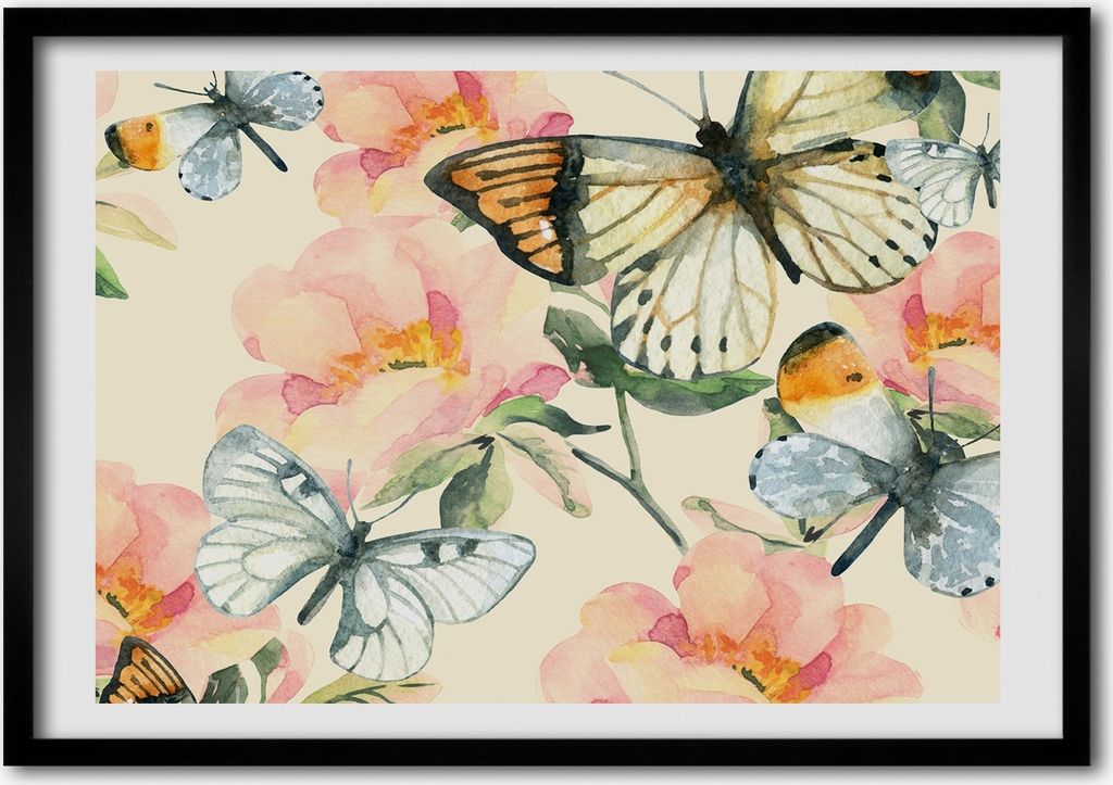 Bild - Bilderrahmen - 100 cm x 70 cm - MDF - Rahmen - Foto - Wandkunst Schmetterlinge und Blumen