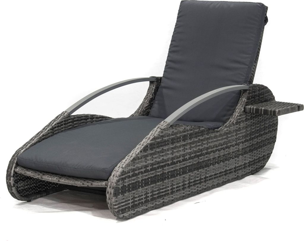 A gray wicker lounger with dark gray cushions, shown against a white background.