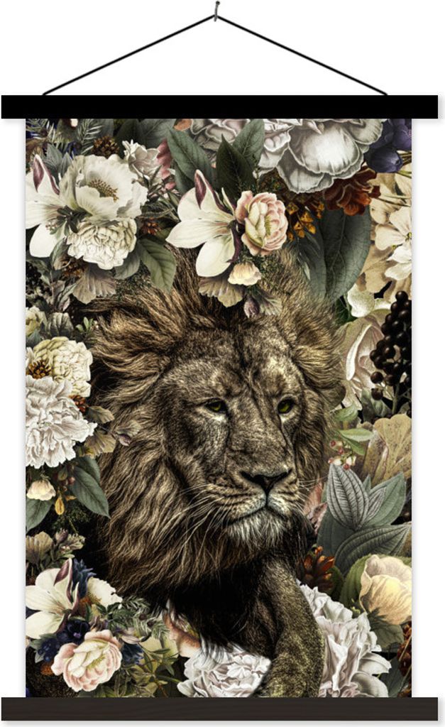 MuchoWow Textilposter Löwe - Blumen - Farben 60x90 cm mit schwarzem Rahmen - Poster Wohnzimmer