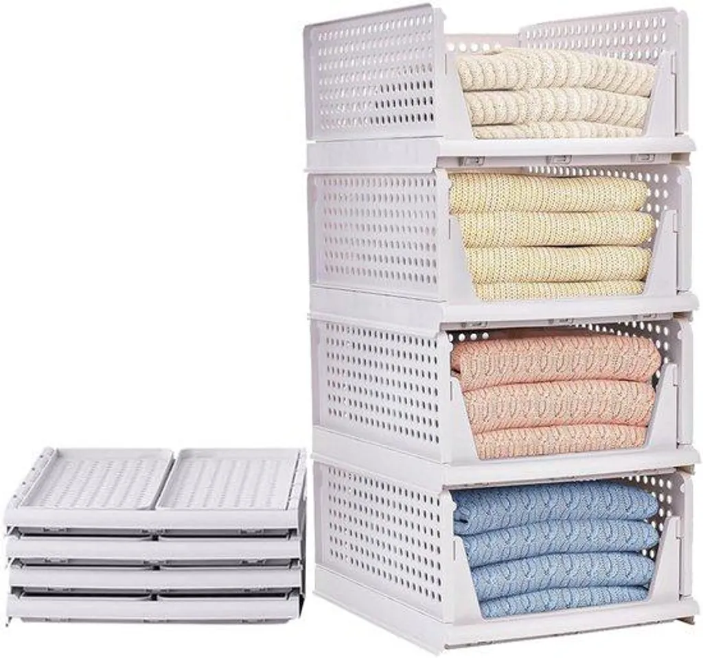 Organisateur de placard empilable blanc, paniers de rangement modulables