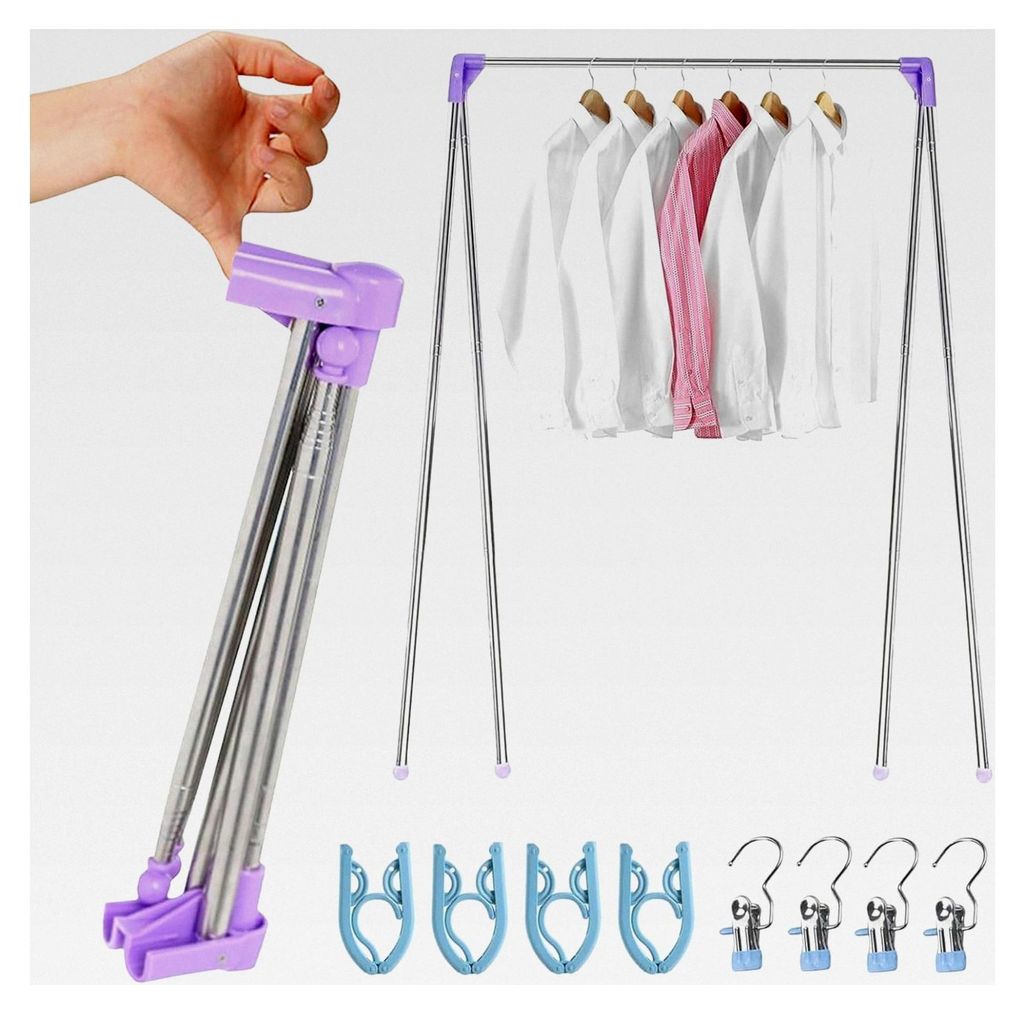 Höhenverstellbarer Klappbarer Wäscheständer aus Edelstahl von 34–70 cm mit 4 Klappbügeln, 4 Wäscheklammern und Tragetasche für Camping, Bal...