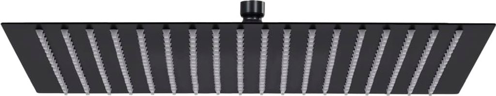 A black square shower head with water spraying from it.