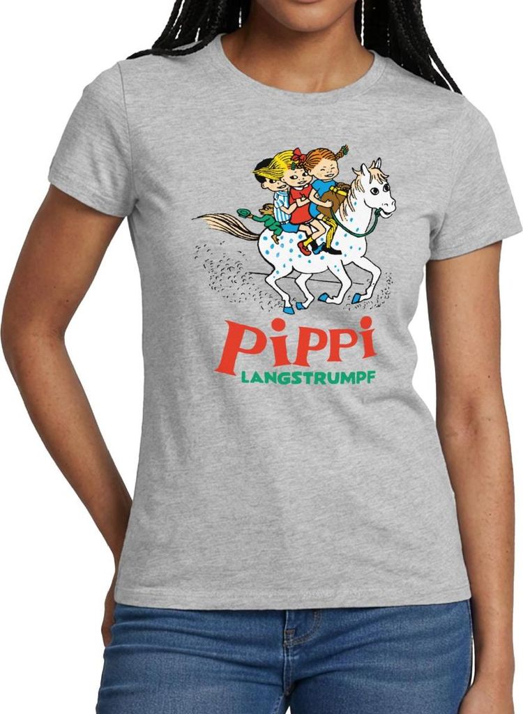 Spreadshirt Pippi Langstrumpf Ausritt Mit Annika Und Tommy Frauen T-Shirt, S, Grau meliert