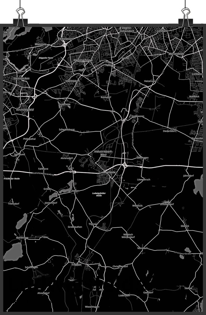 Mr. & Mrs. Panda Bild Ludwigsfelde DIN A2 - Geschenk, wanddeko, drucke, Wanddekoration, Stadt Dorf Karte Landkarte Map Stadtplan, Kunstdruck, Wandbild