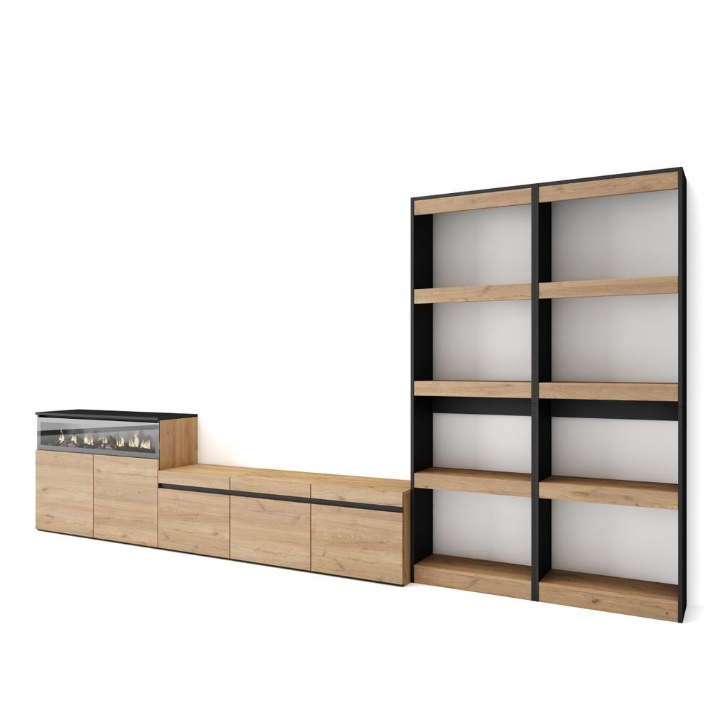 Wohnwand Wohnzimmer, 370x35x186cm, Für TV-Geräte bis zu 65", Elektrokamin, Eiche und Schwarz