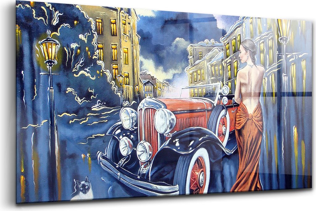120x60 - Wandmalerei auf Glas- Wanddekoration aus Glas - Retro altes Auto