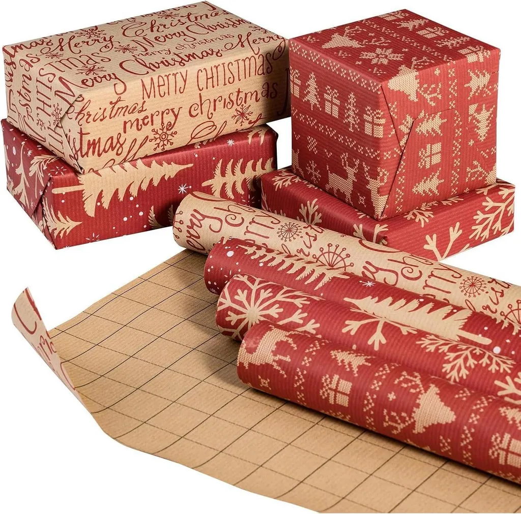 Papier Cadeau Noël Kraft Renne Flocon Sapin de Noël - Set de 4 Rouleaux