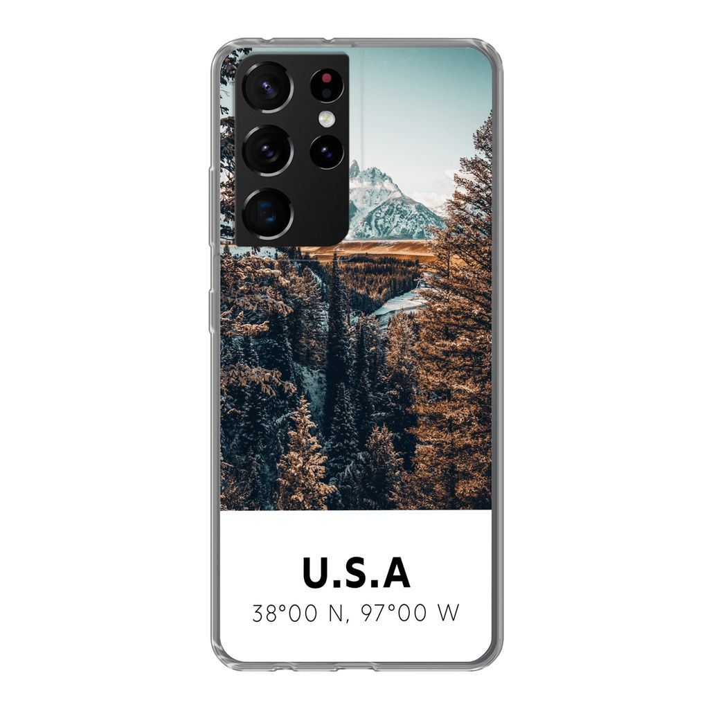 MuchoWow Handyhülle Schutzhülle Hülle für Samsung Galaxy S21 Ultra Amerika - Berge - Bäume Silikon Softcase Handy Hülle - Mobiltelefon