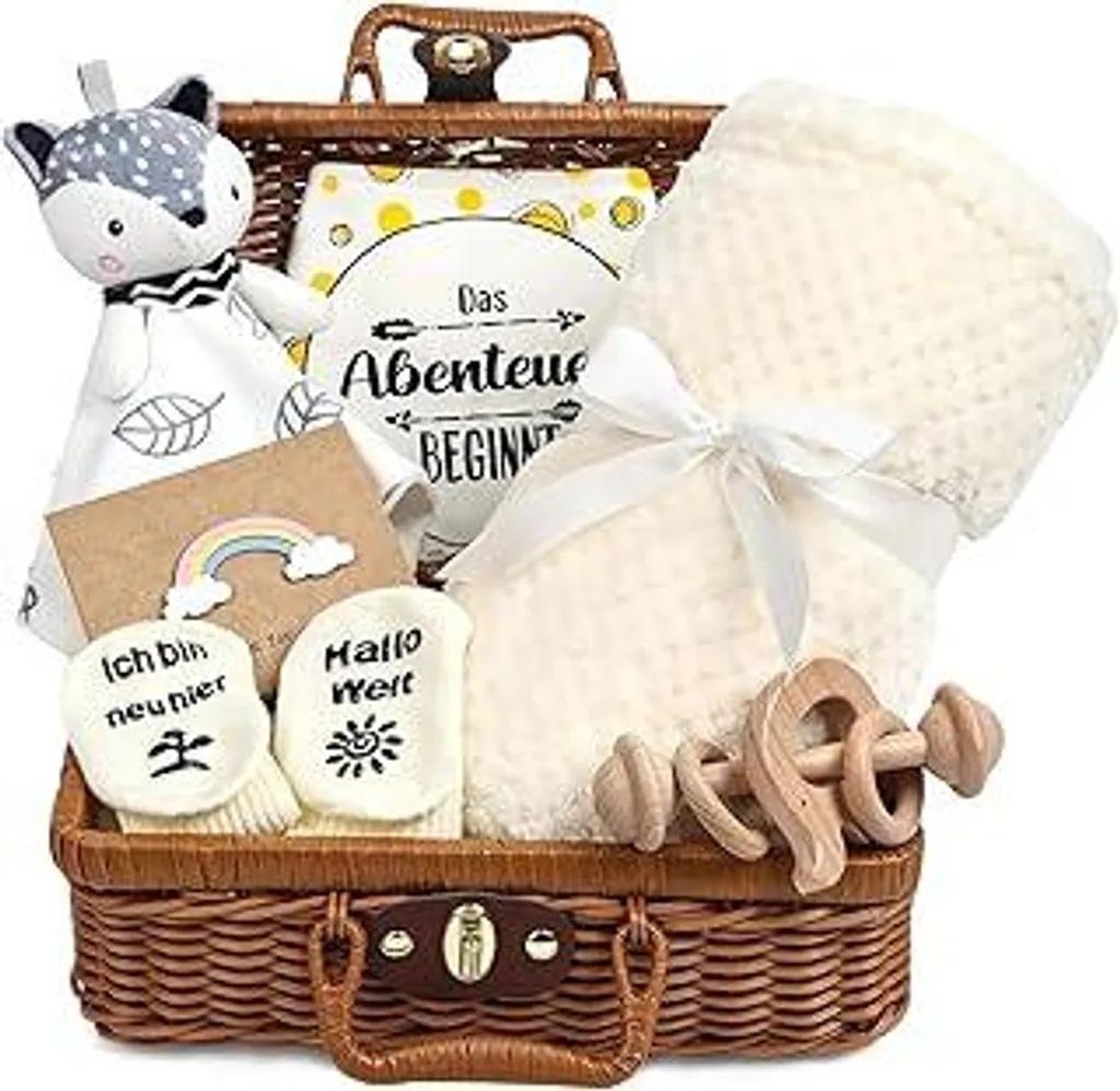 Cesto 7 in 1 I Primi Sogni del Bebè: Set Regalo con Sonaglio e Peluche