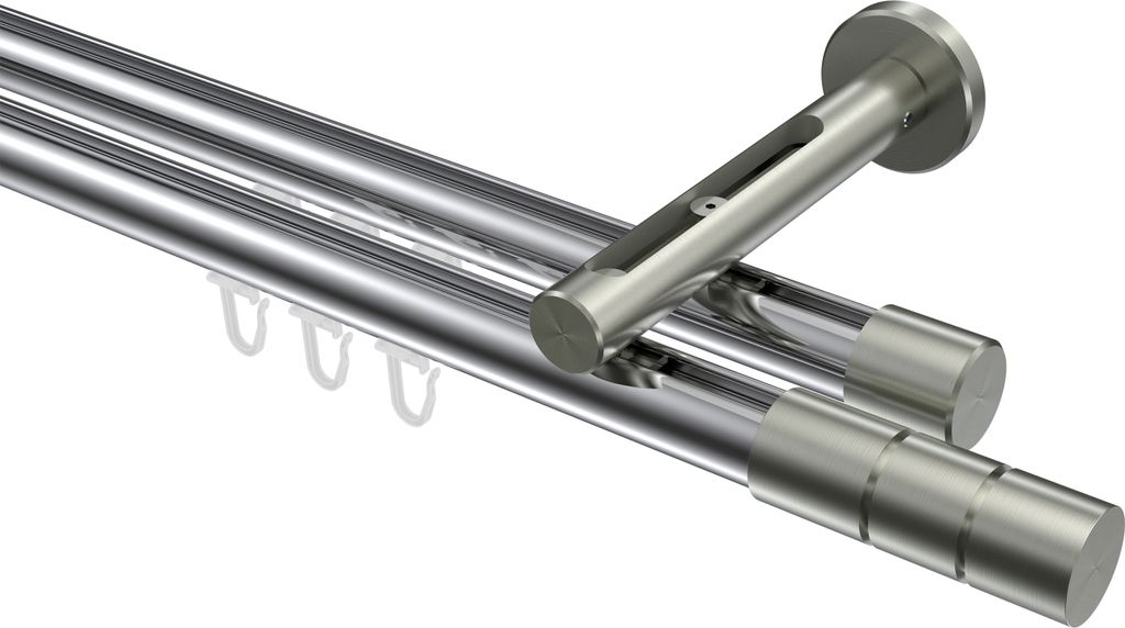 Interdeco Innenlaufstange / Gardinenstange mit Innenlauf Chrom / Edelstahl-Optik, Typ Siteno Elanto (Rillenzylinder), 20 mm Ø 2-läufig, 180 cm