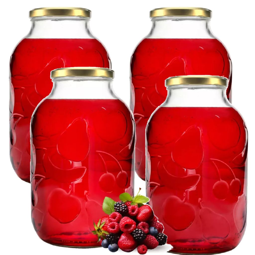 Four glass jars filled with red liquid, with a pile of berries in front of one jar.