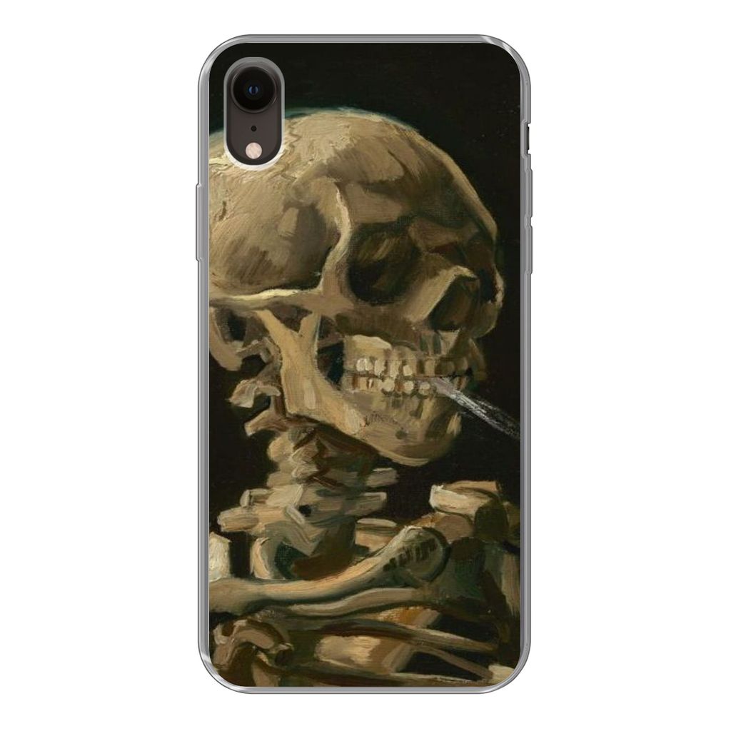 MuchoWow Handyhülle Schutzhülle Hülle für iPhone XR Skelettkopf mit brennender Zigarette - Vincent van Gogh Silikon Softcase Handy Hülle - S...