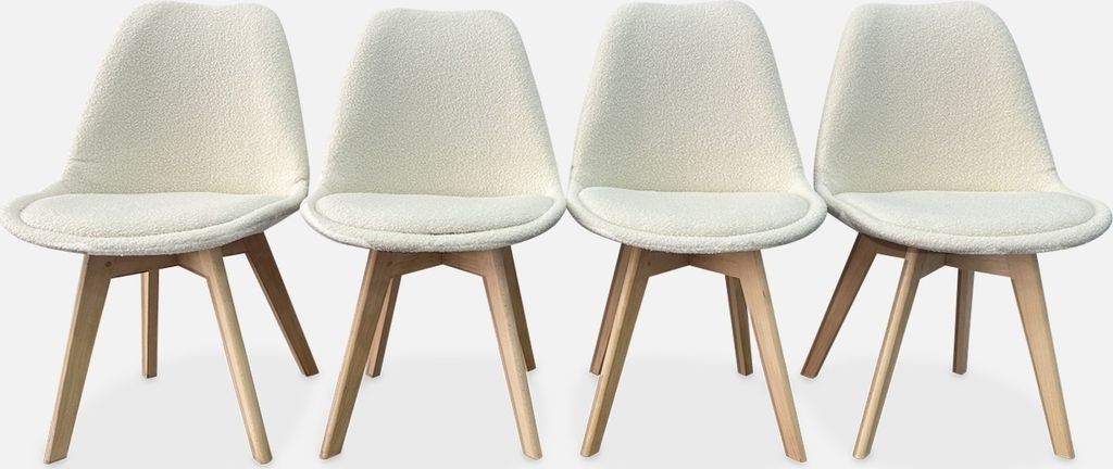 A set of four white Scandinavian-style chairs with wooden legs, presented against a plain white background.