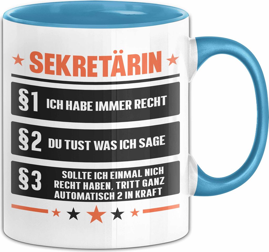 Sekretärin Tasse Geschenk Lustiger Spruch 3 Gesetze (Blau)