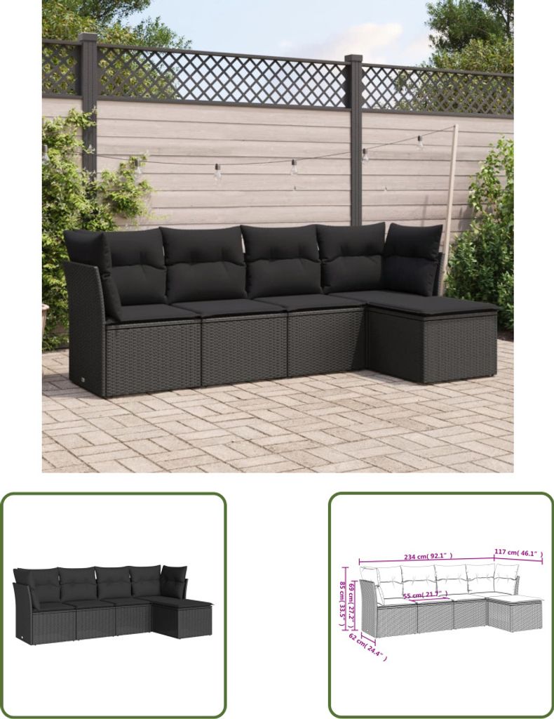The Living Store 5-tlg. Garten-Sofagarnitur mit Kissen Schwarz Poly Rattan