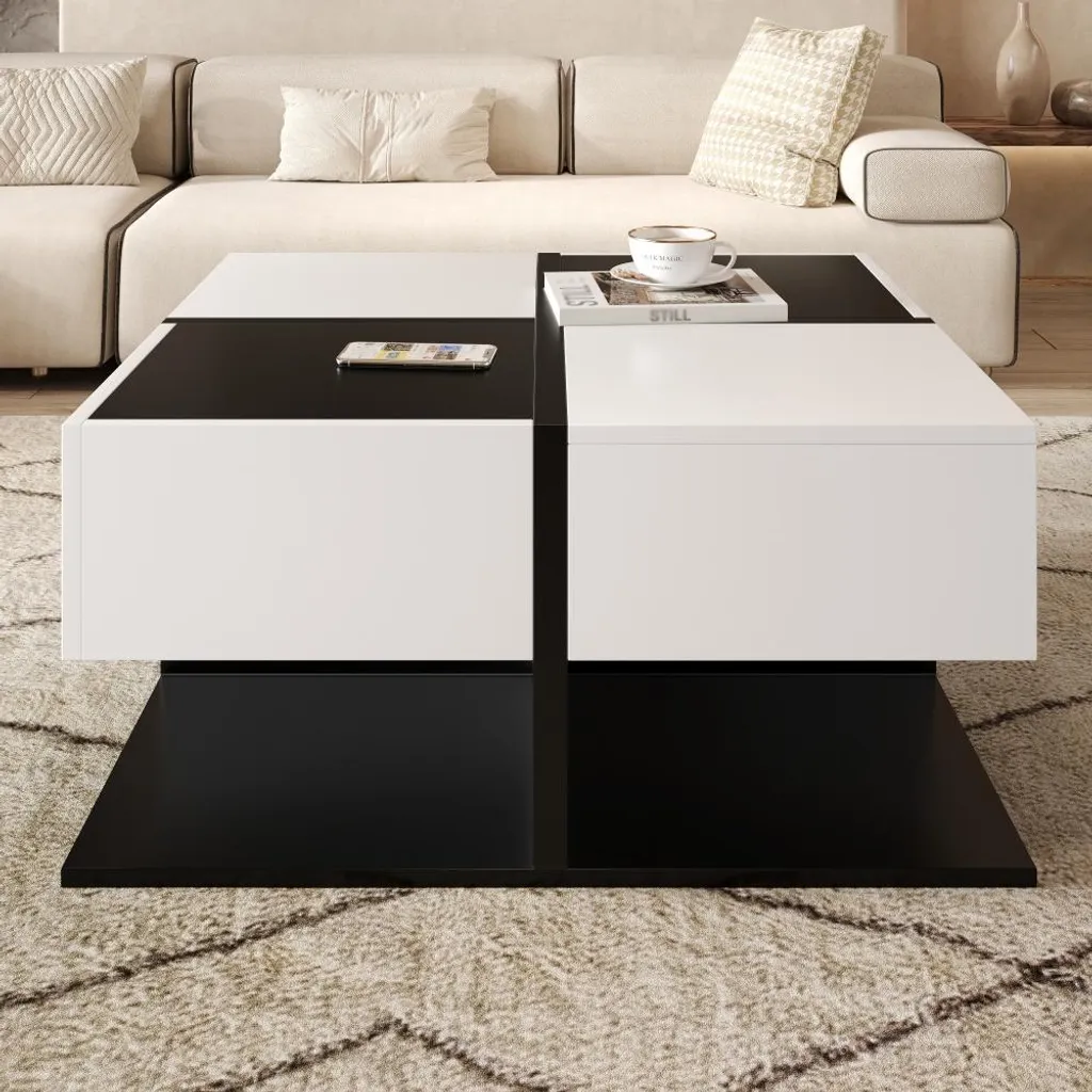 Table basse anti-désordre avec 2 tiroirs fermés - Design noir et blanc