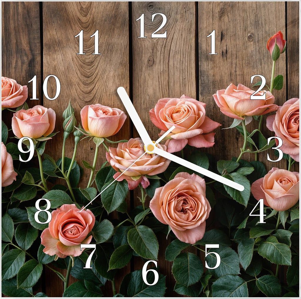 Wanduhr aus Glas mit Motiv Rosen Holzhintergrund- 30 x 30 cm - inkl. Aufhängesystem