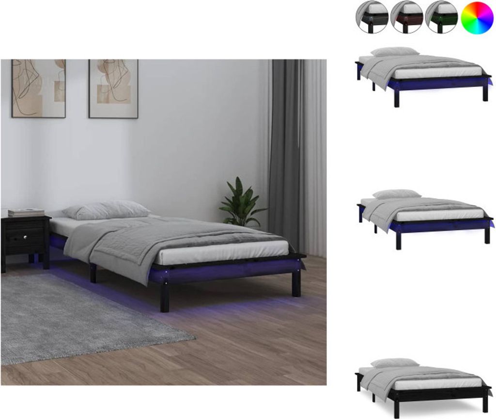vidaXL Massivholzbett mit LEDs Schwarz 90x190 cm - Betten & Bettgestelle