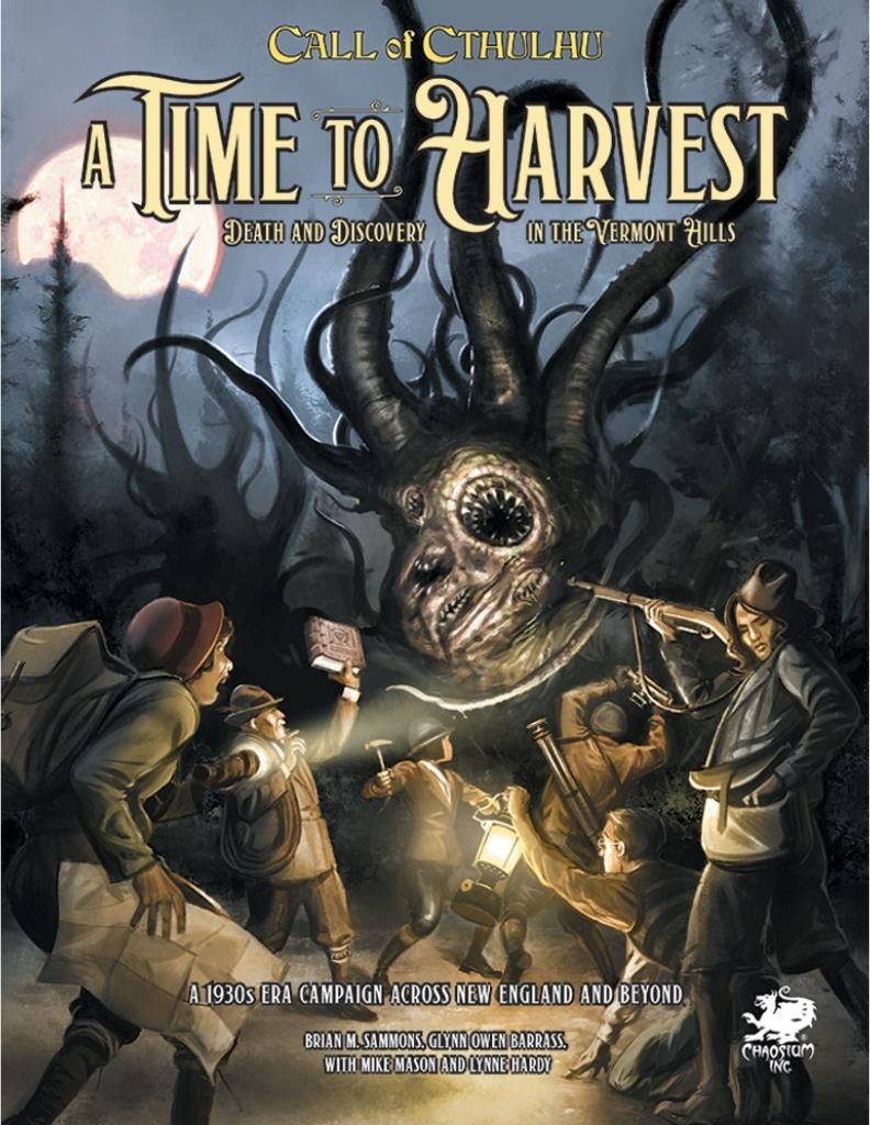A group of people in 1930s attire are confronting a large, tentacled monster in a dark, wooded area under a full moon.