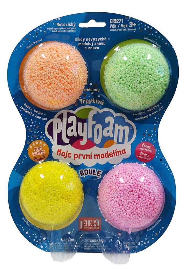 PlayFoam 4er-Pack glitzernde Modelliermasse/Knetmasse in Kugelform, 4 Farben mit Glitzer, auf einer Karte, 19,5 x 27 x 3 cm