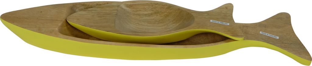 Fine Asianliving Mangowood Decorative Plates Set/2 Fish Hand Thailand Yellow