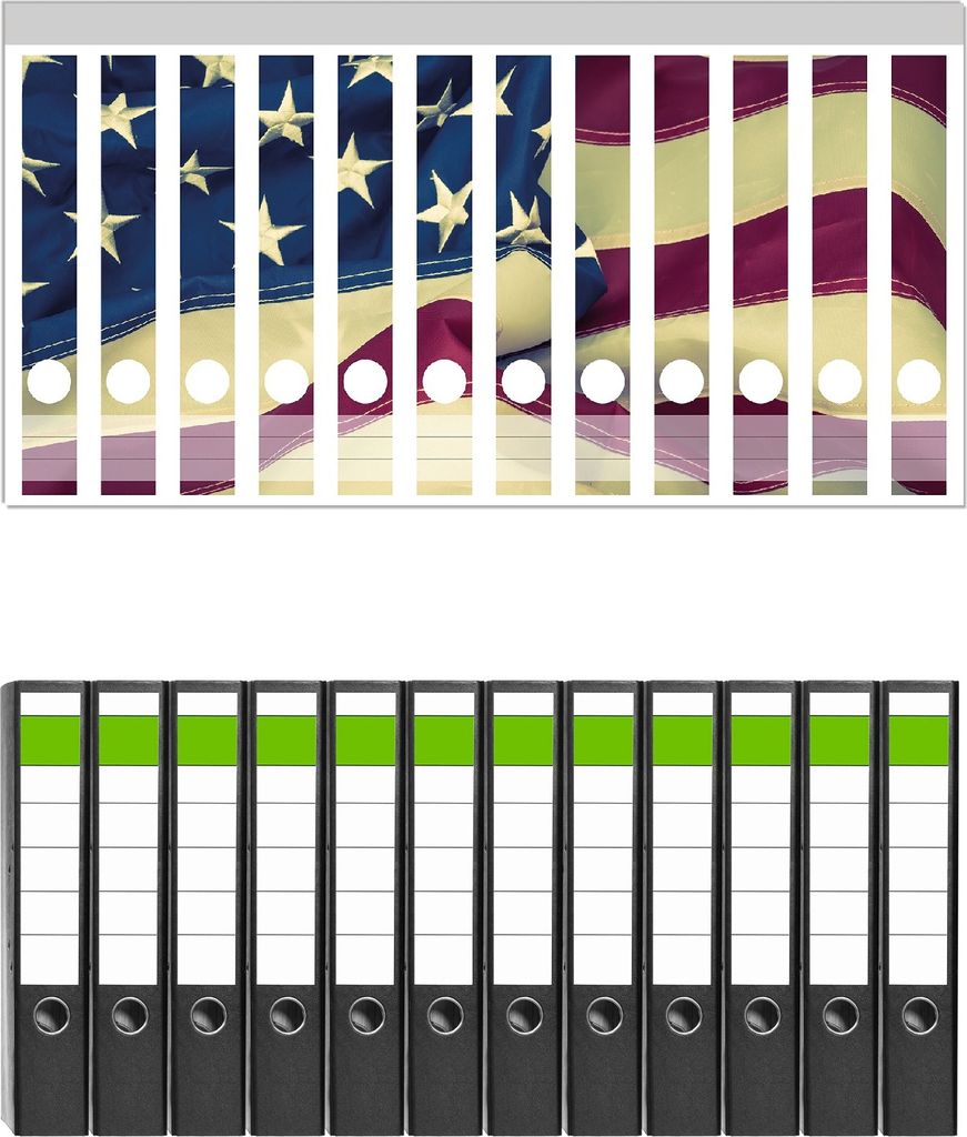 Wallario 12 Stück schmale Ordner inkl. Klebeetiketten mit Motive Amerikanische Flagge im Wind - Set mit Rückenschildern / Ordnerrücken Stickern