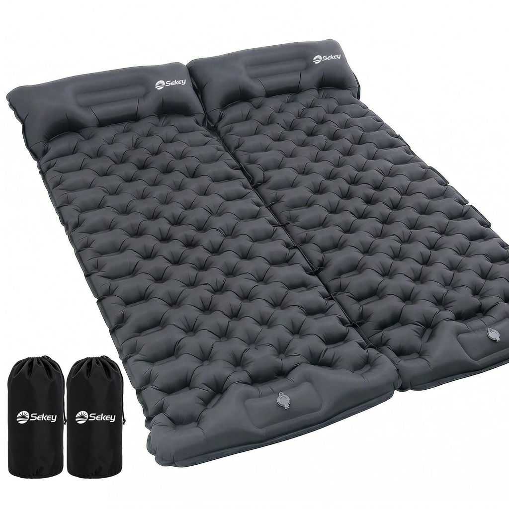 Sekey 2er Set Selbstaufblasende Isomatte 200×70 cm mit Fußpumpe, 10 cm Dicke Luftmatratze Camping mit 14 cm Kopfkissen, Grau