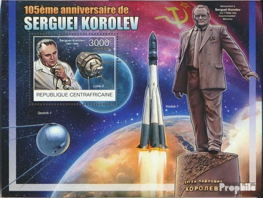 Briefmarken Zentralafrikanische Republik 2012 Mi Block 985 (kompl. Ausgabe) postfrisch Sergei Korolev (1907-1966)