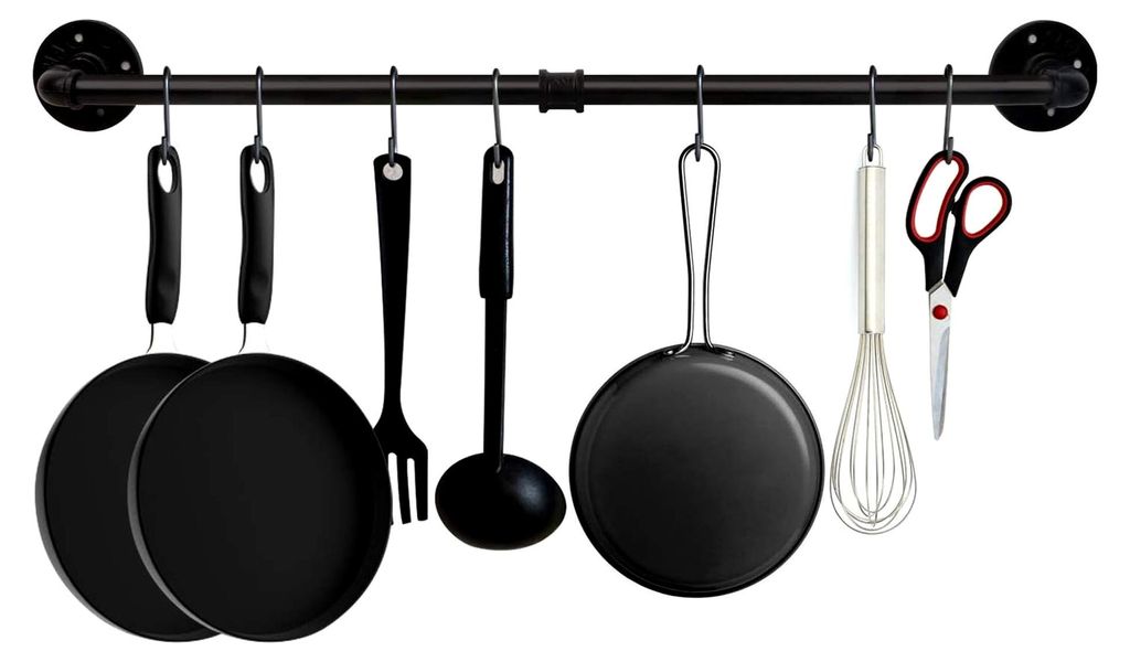 87,1 cm Rohrregal für die Industrie mit 15 S-Haken, rustikalen Eisentöpfen und Pfannen, Hängestange, Handtuchhalter, Wandmontage, abnehmbaren K...