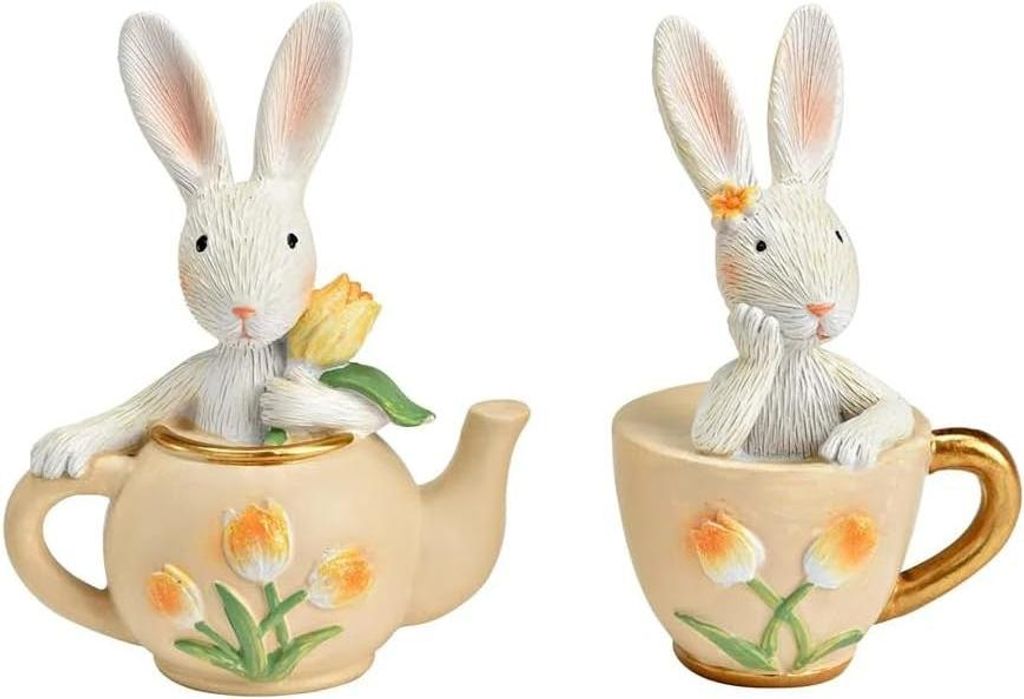 Logbuch-Verlag Hasen Dekofigur in Teekanne 2er Set Weiß Beige Orange aus Poly 8x10x5 cm Osterdeko Frühling Dekofigur Vintage Look